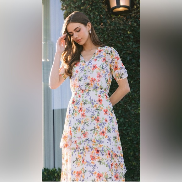 FLORAL PRINT DIALOG RUFFLES CHIFFON MIDI DRESS - Picture 6 of 7